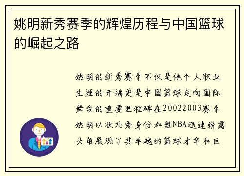 姚明新秀赛季的辉煌历程与中国篮球的崛起之路