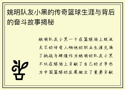 姚明队友小黑的传奇篮球生涯与背后的奋斗故事揭秘
